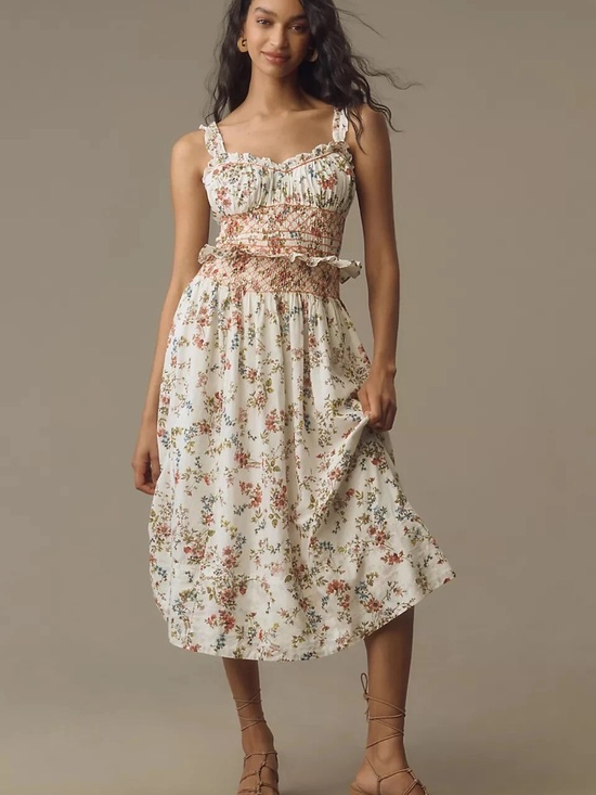 Anthropologie Dresses & Skirts - Anthropologie Cream Floral Smocked Midi Dress